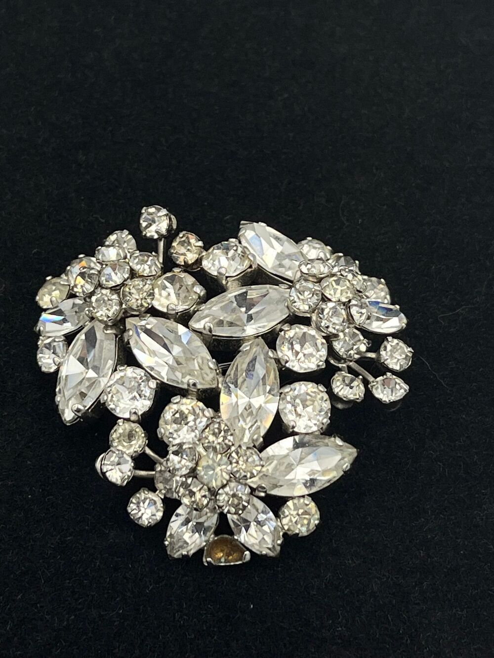 Vintage Signed Sherman Clear Crystal Floral Brooch - Missing 1 Small Stone